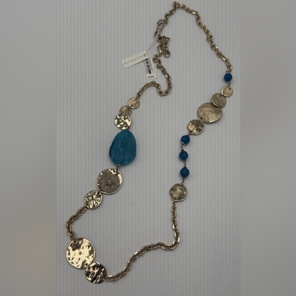NWT Gold Tone Necklace 40" Turquoise Stone Hammered Discs Boho Chic Adjustable